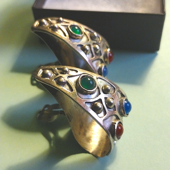 TAXCO LARGE STERLING CLIP-0N MULTI STONE EARRINGS SIGNED VINTAGE COLLECTABLE - Picture 2 of 7